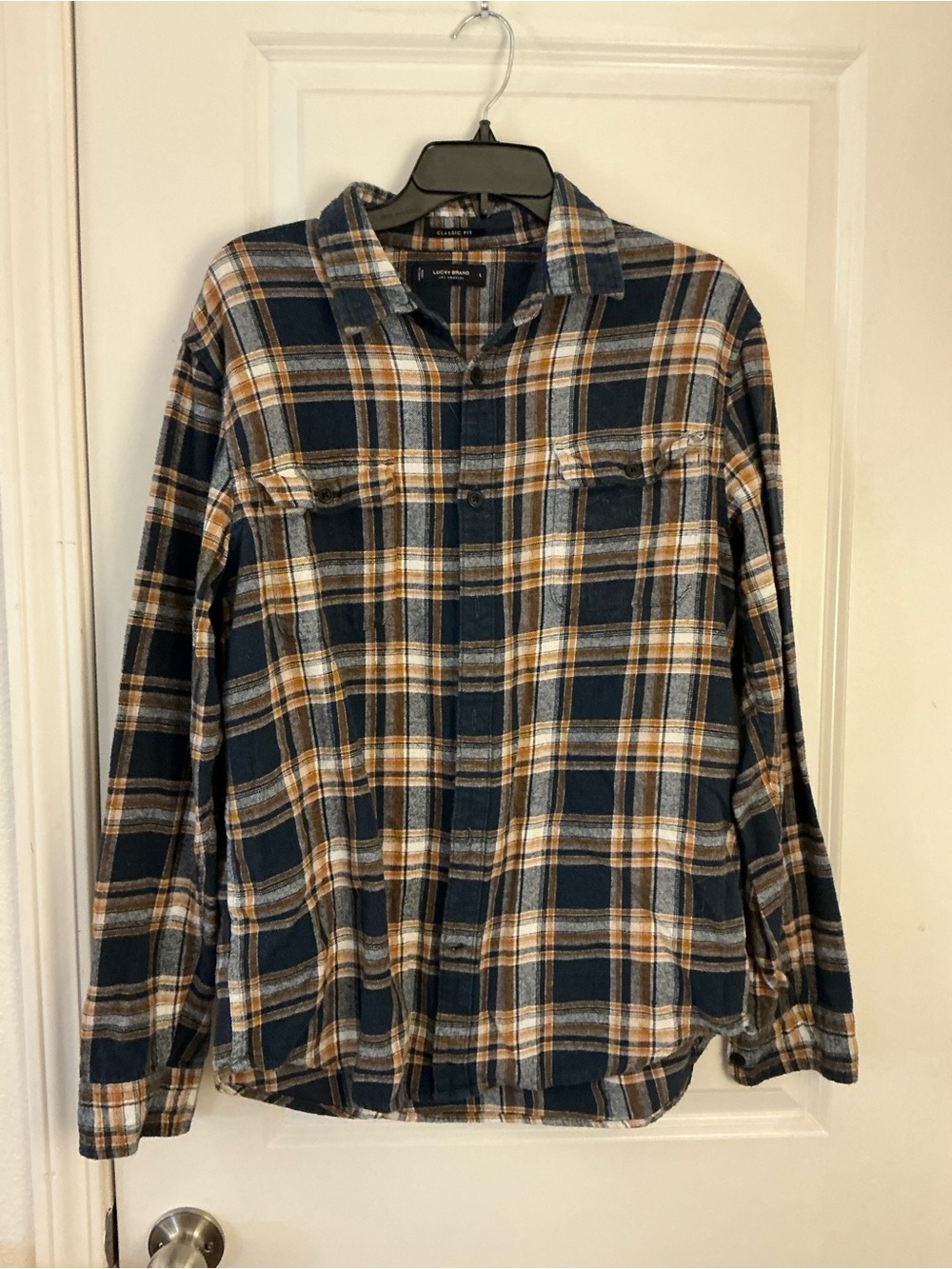 Lucky Brand Men's Classic Fit Plaid Flannel Button Down Shirt Navy Yellow Size L